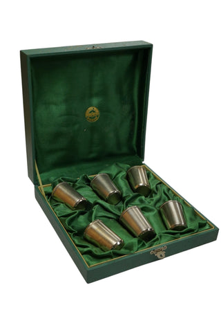 A Set of Six Soviet-era Silver-plated Metal Vodka Shots with Gilt Interiors - 1960s (H:  5cm)