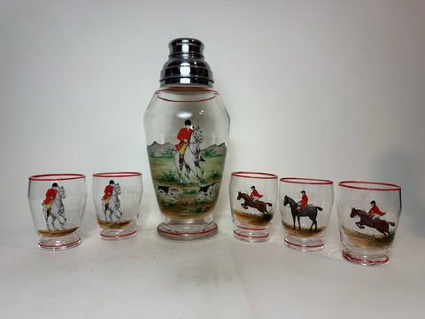 An English Metal-Mounted Glass Cocktail Shaker & Glasses - 1960s (c. 60cl)