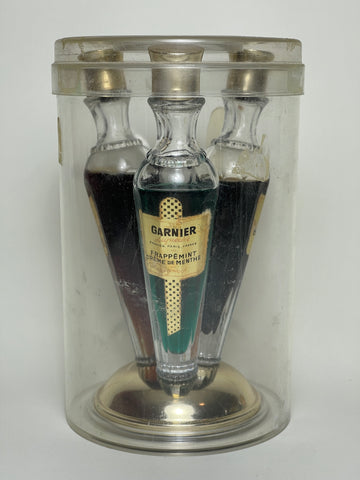 P. Garnier Three Compartment Liqueur Bottle (Flacon Trio) (Crème de Menthe, Apricot Brandy, Cherry Brandy) 1960-70s (30%, 15cl)