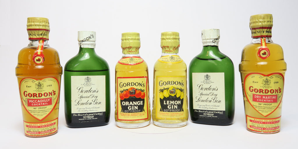 Gordon's Miniature Set inc. Orange Gin, Lemon Gin, 2 x Special Dry London Gin, Dry Martini & Piccadilly Shaker Cocktails with Cocktail Book - 1950s (26-40%, c. 6cl each)