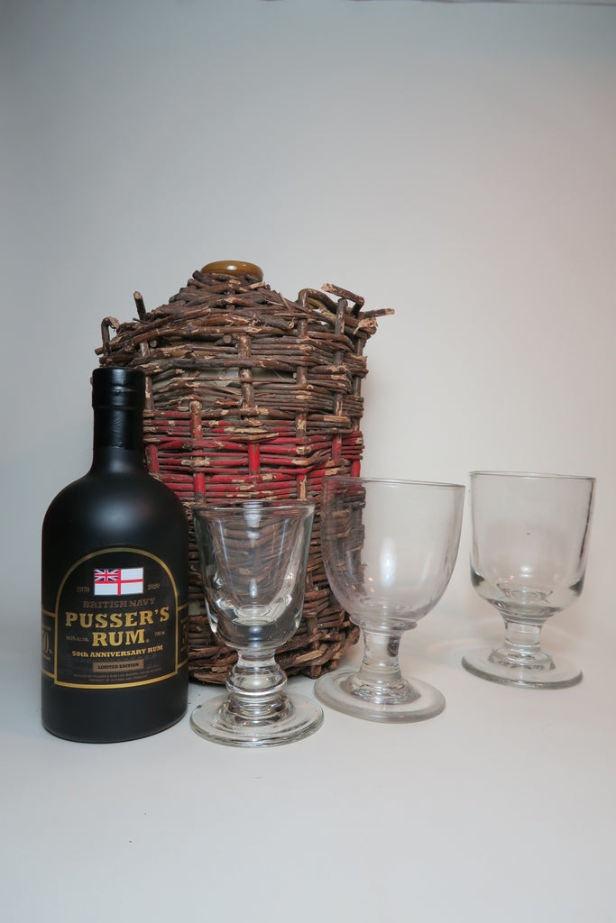 Flagon of 50YO British Navy Rum - Sealed 1970 (54.5%, 454cl), Three 100+ YO Rummers and A Bottle of Pusser's 50th Anniversary (1970-2020) British Navy Rum (54.5%, 70cl)